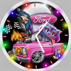 Ford Pink Vintage Mudding Truck Wall Clock with Mad Insane Crazy Cheshire Cat